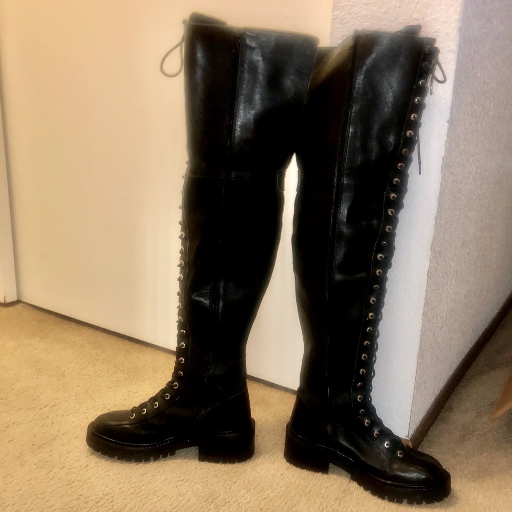 NWOT Zara Thigh High Genuine Leather Lace Up Boots Lug Sole. - Picture 7 of 16